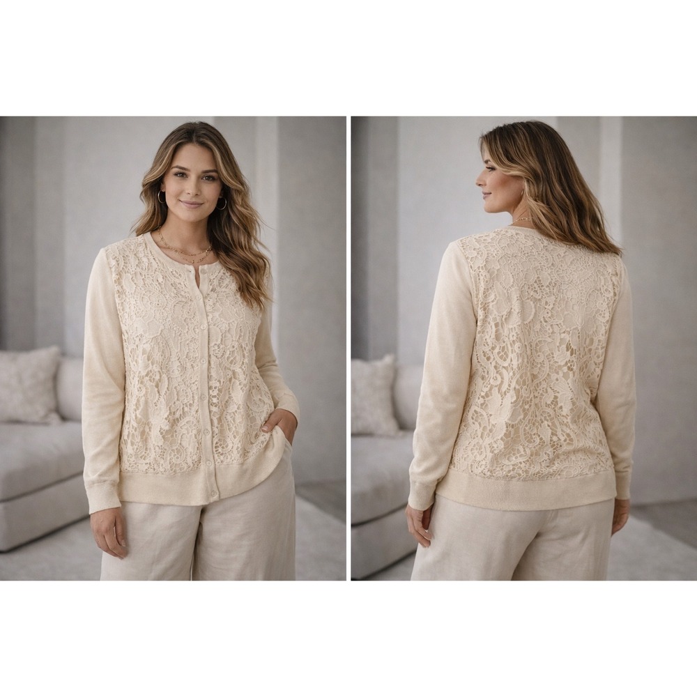 J. Jill Cottagecore Floral Crochet Lace Button Down Cardigan Sweater Cream Large